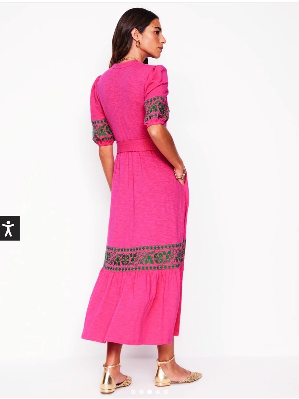 Boden Hot Pink puff sleeve belted Maxi Dress Green Embroidered Trim boho NWOT - Picture 3 of 6